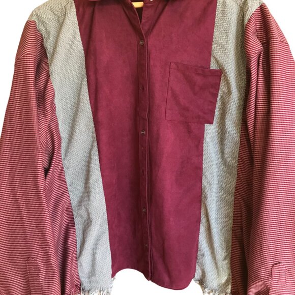 Upcycled Patchwork Shirt, Size L-XL: Mixed Print Button-Down Reworked Blouse - Picture 9 of 10